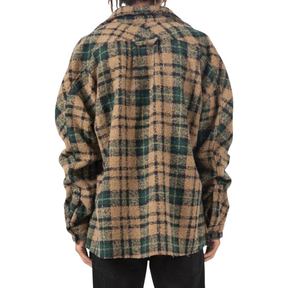 mnml Shacket Shirt Jacket M Men Plaid Loose Woven Flannel Brown Green Raw Hem - Picture 2 of 16